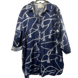 Chicos Women's Top Blouse XL Blue Mixed Print Button‎ Up Flip Cuff Equestrian